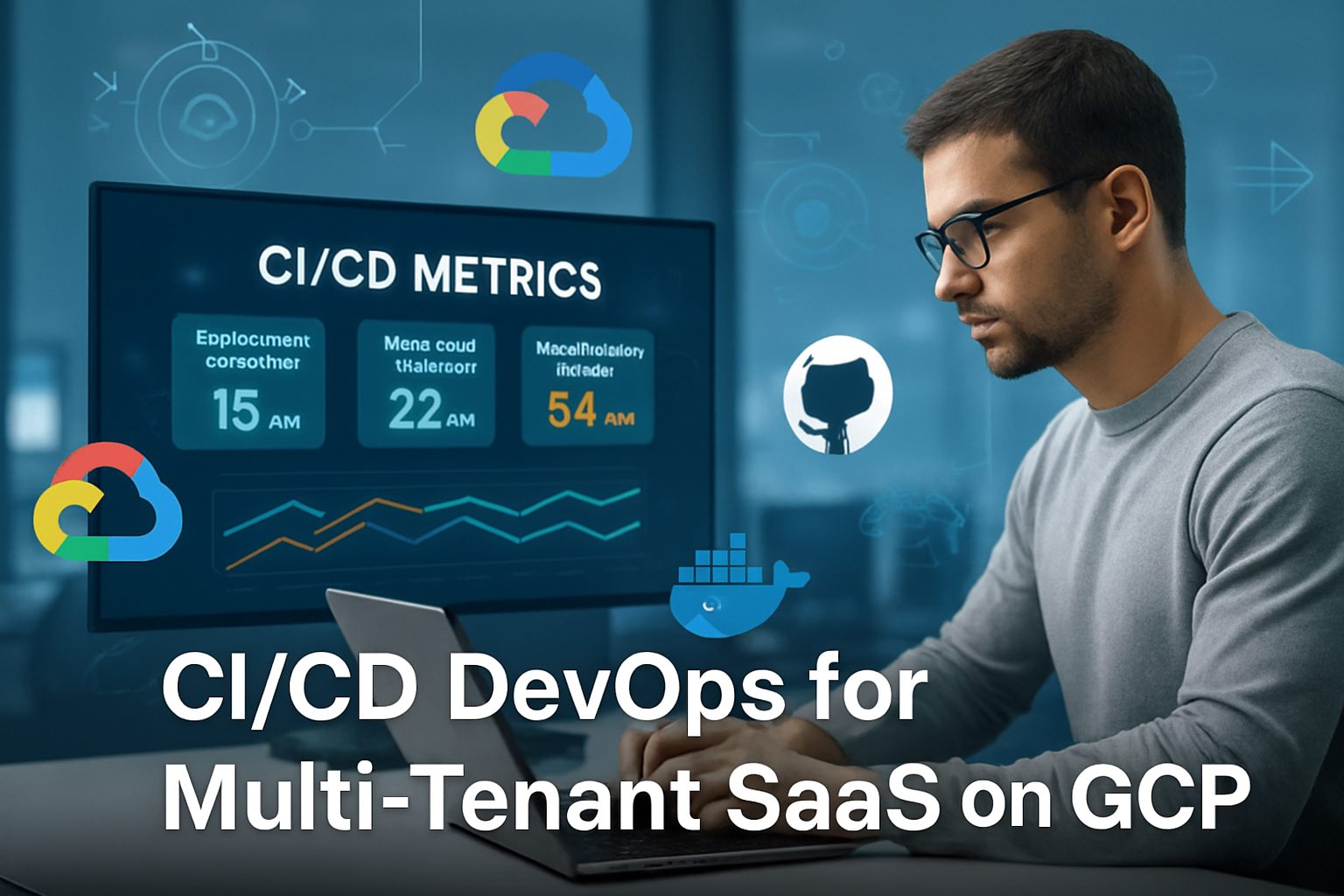 DevOps engineer deploying CI/CD pipeline for multi-tenant SaaS using GCP, Docker, and GitHub in a high-tech workspace